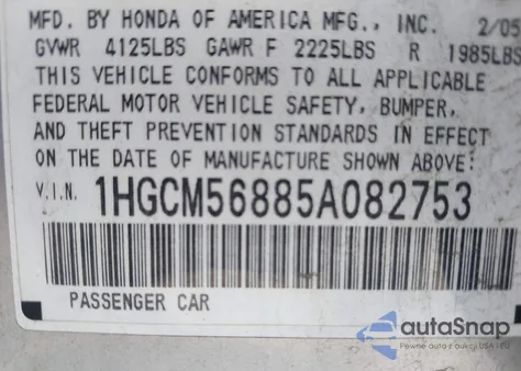 2005 Honda Accord 2.4 Ex z USA, uszkodzony, nr VIN 1HGCM56885A082753